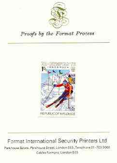 Maldive Islands 1976 Winter Olympics 1r15 (Slalom Skiing) imperf proof mounted on Format International proof card (as SG 630)