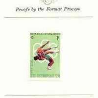 Maldive Islands 1976 Montreal Olympics 1l (Wrestling) imperf proof mounted on Format International proof card (as SG 654)