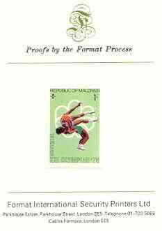 Maldive Islands 1976 Montreal Olympics 1l (Wrestling) imperf proof mounted on Format International proof card (as SG 654)