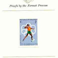 Maldive Islands 1976 Montreal Olympics 2l (Shot Putt) imperf proof mounted on Format International proof card (as SG 655)