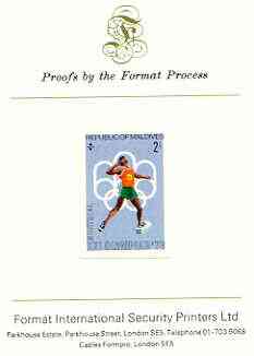 Maldive Islands 1976 Montreal Olympics 2l (Shot Putt) imperf proof mounted on Format International proof card (as SG 655)