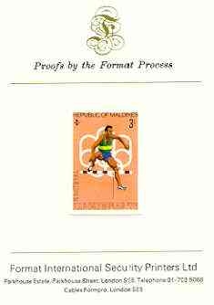 Maldive Islands 1976 Montreal Olympics 3l (Hurdling) imperf proof mounted on Format International proof card (as SG 656)