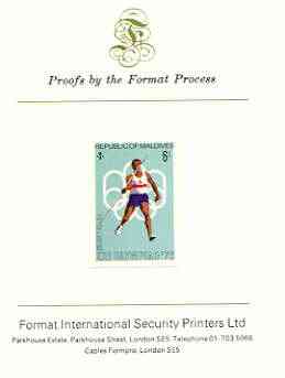 Maldive Islands 1976 Montreal Olympics 6l (Javelin) imperf proof mounted on Format International proof card (as SG 659)