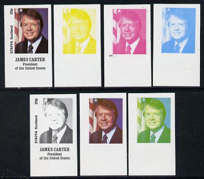 Staffa 1977 Carter/Mondale Inauguration 20p James Carter (President) set of 7 imperf progressive colour proofs comprising the 4 individual colours plus 2, 3 and all 4-colour composites unmounted mint