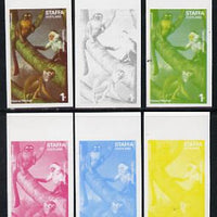 Staffa 1977 Wild Animals 1p (Squirrel & Capuchin Monkeys) set of 6 imperf progressive colour proofs comprising the 4 individual colours plus 2 and all 4-colour composites unmounted mint