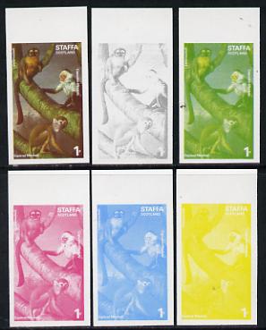 Staffa 1977 Wild Animals 1p (Squirrel & Capuchin Monkeys) set of 6 imperf progressive colour proofs comprising the 4 individual colours plus 2 and all 4-colour composites unmounted mint