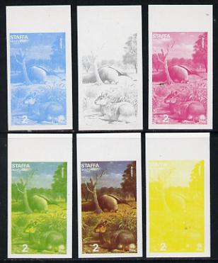 Staffa 1977 Wild Animals 2p (Mara & Anteater) set of 6 imperf progressive colour proofs comprising the 4 individual colours plus 2 and all 4-colour composites unmounted mint