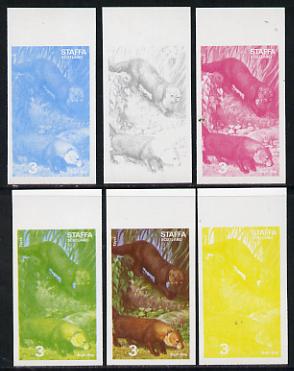 Staffa 1977 Wild Animals 3p (Bush Dog & Tayra) set of 6 imperf progressive colour proofs comprising the 4 individual colours plus 2 and all 4-colour composites unmounted mint
