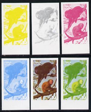 Staffa 1977 Wild Animals 10p (Red Faced Uakari & Howler Monkey) set of 6 imperf progressive colour proofs comprising the 4 individual colours plus 2 and all 4-colour composites unmounted mint