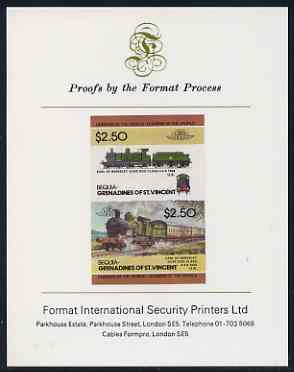 St Vincent - Bequia 1984 Locomotives #2 (Leaders of the World) $2.50 (4-4-0 Earl of Berkeley) imperf se-tenant proof pair mounted on Format International proof card