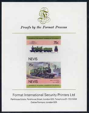 Nevis 1985 Locomotives #4 (Leaders of the World) Nord L'outrance 75c imperf se-tenant proof pair mounted on Format International proof card