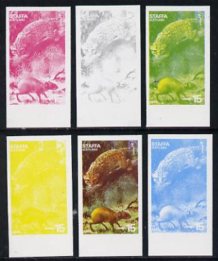 Staffa 1977 Wild Animals 15p (Agouti & Ocelot) set of 6 imperf progressive colour proofs comprising the 4 individual colours plus 2 and all 4-colour composites unmounted mint