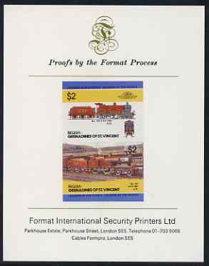 St Vincent - Bequia 1985 Locomotives #3 (Leaders of the World) $2 (4-4-0 Loco 737) imperf se-tenant proof pair mounted on Format International proof card