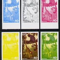 Staffa 1977 Wild Animals 40p (Spider & Woolly Monkeys) set of 6 imperf progressive colour proofs comprising the 4 individual colours plus 2 and all 4-colour composites unmounted mint