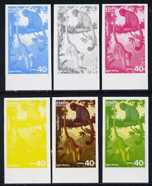 Staffa 1977 Wild Animals 40p (Spider & Woolly Monkeys) set of 6 imperf progressive colour proofs comprising the 4 individual colours plus 2 and all 4-colour composites unmounted mint