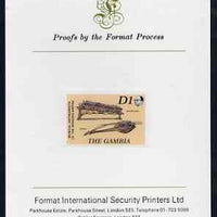 Gambia 1987 Musical Instruments 1d (Balaphong & Fiddle) imperf proof mounted on Format International proof card as SG 687