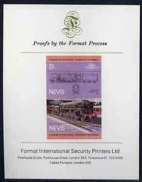 Nevis 1983 Locomotives #1 (Leaders of the World) Evening Star $1 imperf se-tenant proof pair mounted on Format International proof card