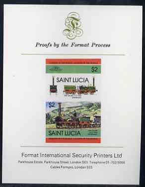 St Lucia 1984 Locomotives #2 (Leaders of the World) $2 'Der Adler 2-2-2',imperf se-tenant proof pair mounted on Format International proof card