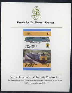 St Vincent - Grenadines 1986 Locomotives #6 (Leaders of the World) $1 (Western Diesel) imperf se-tenant proof pair mounted on Format International proof card