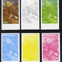 Staffa 1977 Birds of Prey #01 Rough-Legged Buzzard 15p set of 6 imperf progressive colour proofs comprising the 4 individual colours plus 2 and all 4-colour composites unmounted mint