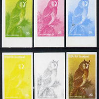 Staffa 1977 Birds of Prey #01 Long-Eared Owl 20p set of 6 imperf progressive colour proofs comprising the 4 individual colours plus 2 and all 4-colour composites unmounted mint