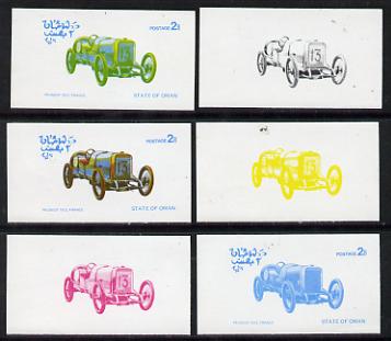 Oman 1976 Vintage Cars #1 2b (Peugeot 1912) set of 6 imperf progressive colour proofs comprising the 4 individual colours plus 2 and all 4-colour composites unmounted mint