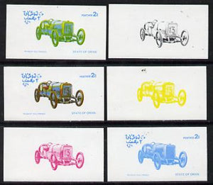Oman 1976 Vintage Cars #1 2b (Peugeot 1912) set of 6 imperf progressive colour proofs comprising the 4 individual colours plus 2 and all 4-colour composites unmounted mint