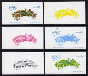 Oman 1976 Vintage Cars #1 5b (Renault 1.6hp 1902) set of 6 imperf progressive colour proofs comprising the 4 individual colours plus 2 and all 4-colour composites unmounted mint