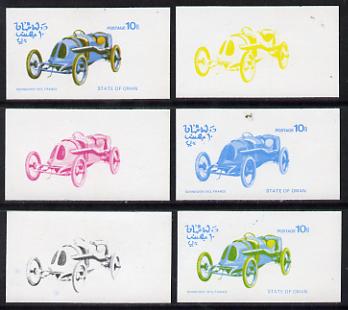 Oman 1976 Vintage Cars #1 10b (Schneider 1913) set of 6 imperf progressive colour proofs comprising the 4 individual colours plus 2 and all 4-colour composites unmounted mint