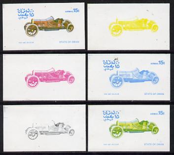 Oman 1976 Vintage Cars #1 15b (Pipe 1907) set of 6 imperf progressive colour proofs comprising the 4 individual colours plus 2 and all 4-colour composites unmounted mint