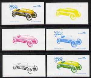 Oman 1976 Vintage Cars #1 25b (Frontenac 1921) set of 6 imperf progressive colour proofs comprising the 4 individual colours plus 2 and all 4-colour composites unmounted mint