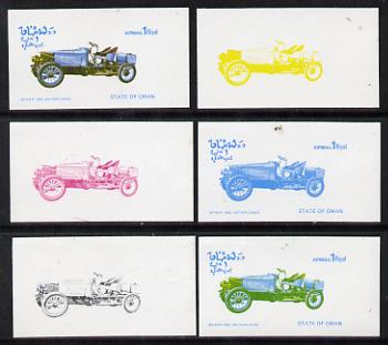 Oman 1976 Vintage Cars #1 1R (Spyker) set of 6 imperf progressive colour proofs comprising the 4 individual colours plus 2 and all 4-colour composites unmounted mint