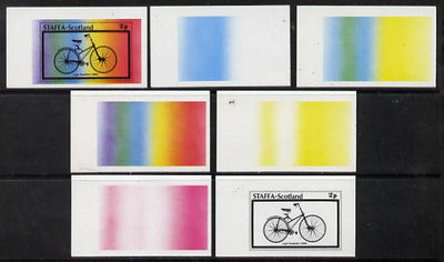 Staffa 1977 Bicycles 2p (Light Roadster 1889) set of 7 imperf progressive colour proofs comprising the 4 individual colours plus 2, 3 and all 4-colour composites unmounted mint