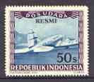 Indonesia 1948-49 perforated 50s produced by the Revolutionary Government in blue & purple showing twin-engined prop plane, opt'd 'RESMI' (prepared for Official use) without gum