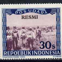 Indonesia 1948-49 perforated 30s produced by the Revolutionary Government in purple & blue showing air-crew approaching plane, opt'd 'RESMI' (prepared for Official use) without gum
