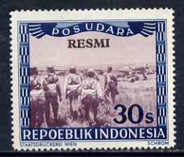 Indonesia 1948-49 perforated 30s produced by the Revolutionary Government in purple & blue showing air-crew approaching plane, opt'd 'RESMI' (prepared for Official use) without gum