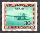 Indonesia 1948-49 perforated 30s produced by the Revolutionary Government in green & red-brown showing air-crew working on plane, opt'd 'RESMI' (prepared for Official use) without gum