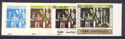 Yemen - Republic 1969 International Labour Organisation 1b Masons (from Litomerice Bible of 1411) set of 5 imperf progressive proofs comprising single, 2, 3, 4 and all 5-colour combinations unmounted mint