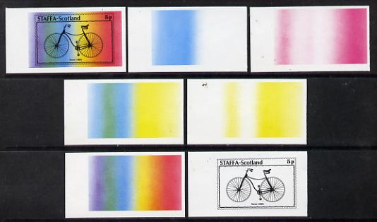Staffa 1977 Bicycles 5p (Rover 1885) set of 7 imperf progressive colour proofs comprising the 4 individual colours plus 2, 3 and all 4-colour composites unmounted mint