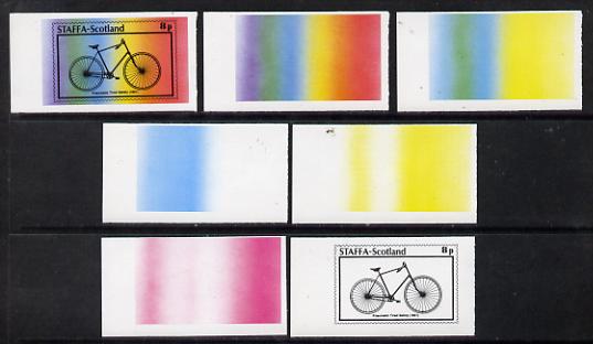 Staffa 1977 Bicycles 8p (Pneumatic Tired Safety 1891) set of 7 imperf progressive colour proofs comprising the 4 individual colours plus 2, 3 and all 4-colour composites unmounted mint