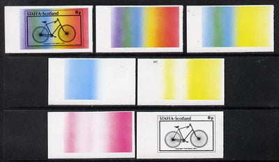 Staffa 1977 Bicycles 8p (Pneumatic Tired Safety 1891) set of 7 imperf progressive colour proofs comprising the 4 individual colours plus 2, 3 and all 4-colour composites unmounted mint
