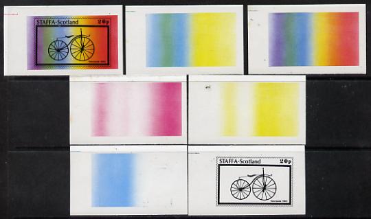 Staffa 1977 Bicycles 20p (Velocipede 1863) set of 7 imperf progressive colour proofs comprising the 4 individual colours plus 2, 3 and all 4-colour composites unmounted mint