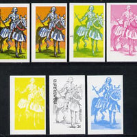 Nagaland 1977 Military Uniforms 2c (English Knight 15th Century) set of 7 imperf progressive colour proofs comprising the 4 individual colours plus 2, 3 and all 4-colour composites unmounted mint