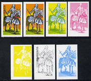 Nagaland 1977 Military Uniforms 2c (English Knight 15th Century) set of 7 imperf progressive colour proofs comprising the 4 individual colours plus 2, 3 and all 4-colour composites unmounted mint