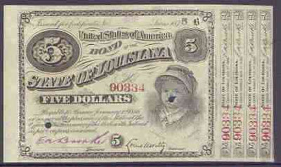 Cinderella - United States 1875 State of Louisiana $5 bond showing a fine vignette of a child