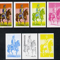 Nagaland 1977 Military Uniforms 5c (12th Light Dragoons 19th Century) set of 7 imperf progressive colour proofs comprising the 4 individual colours plus 2, 3 and all 4-colour composites unmounted mint