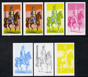Nagaland 1977 Military Uniforms 5c (12th Light Dragoons 19th Century) set of 7 imperf progressive colour proofs comprising the 4 individual colours plus 2, 3 and all 4-colour composites unmounted mint
