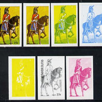 Nagaland 1977 Military Uniforms 25c (1st Dragoon Guards 19th Century) set of 7 imperf progressive colour proofs comprising the 4 individual colours plus 2, 3 and all 4-colour composites unmounted mint