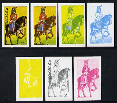 Nagaland 1977 Military Uniforms 25c (1st Dragoon Guards 19th Century) set of 7 imperf progressive colour proofs comprising the 4 individual colours plus 2, 3 and all 4-colour composites unmounted mint