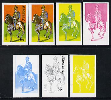 Nagaland 1977 Military Uniforms 30c (7th Hussars 19th Century) set of 7 imperf progressive colour proofs comprising the 4 individual colours plus 2, 3 and all 4-colour composites unmounted mint